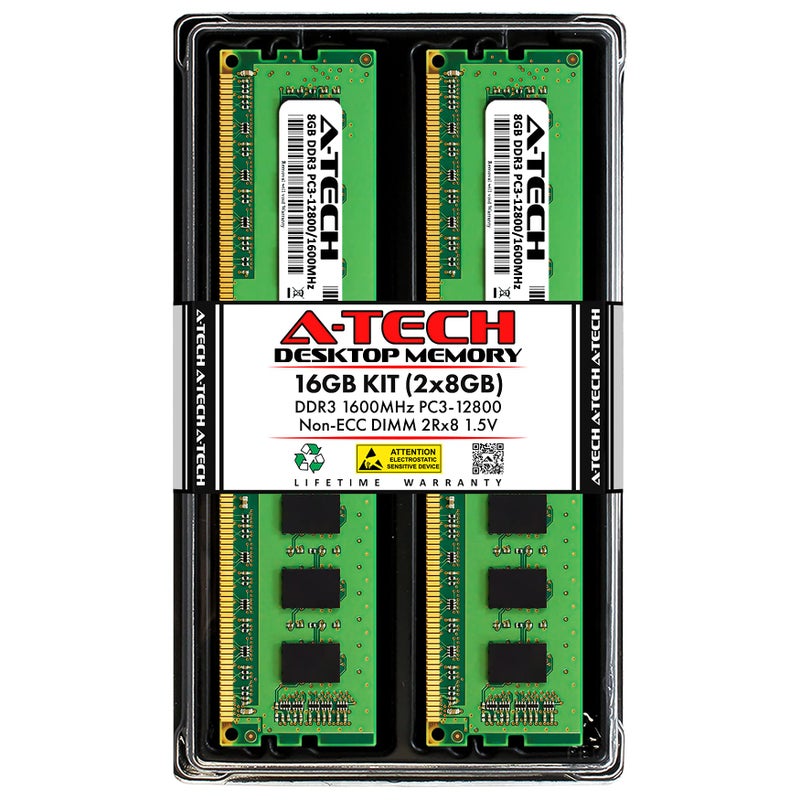 A-Tech 16GB (2x8GB) DDR3 1600MHz PC3-12800 CL11 DIMM 2Rx8 1.5V 240-Pin Non-ECC UDIMM Desktop RAM Memory Modules - Image 1